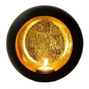 Gadgy Porte-lampions rond - Porte-lampions - Décoration de Noël Salon - Lumière d'ambiance à l'intérieur - Porte-bougies pour bougies 17x17 cm - Lampe à vent en métal - Noir/Or - Cadeau pour femme