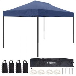 Tente de réception, LifeGoods, 3x4.5 m, Facile à monter, Pliable, Imperméable - Sac de transport à roulettes - Bleu foncé