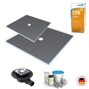 Wedi Receveur à carreler Fundo Primo écoulement centré + bonde verticale + kit d étanchéité + colle, 90 x 75