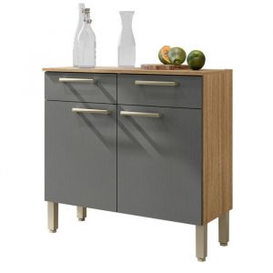 Buffet Bas Meuble Cuisine 2 Portes 2 Tiroirs Chêne et Gris 2 Niches 91 cm - Blanc