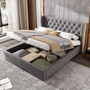Lit coffre adulte 140x190cm - 2 personnes - sans matelas - Avec sommier &agrave; lattes - chesterfield - gris