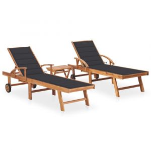 Image de Lot de 2 transats chaise longue bain de soleil lit de jardin terrasse meuble d'extérieur avec table et coussin bois de teck solide 02_0012081