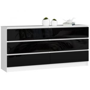 Grande Commode pour le salon Akord K160 Blanche 160 cm 6 tiroirs façade Noir Brillant 160x40x77 cm