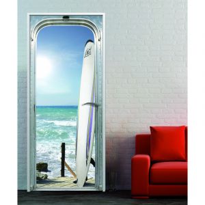 Plage Sticker porte, trompe l'oeil planche sur ponton front de mer sous un ciel radieux, 204 cm X 73 cm