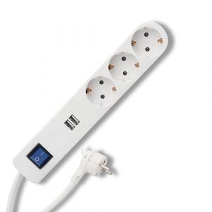 Rev Ice Multiprise avec USB, multiprise 3 Prises, 2 Ports USB, Chargeur 1,4 m, Max. 3680 W, Blanc