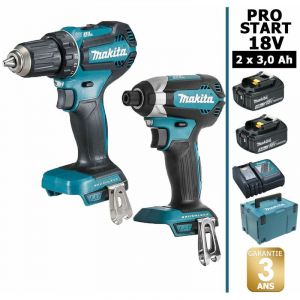 Makita Pack PRO START BL Motor 18V 2 batt 3Ah Perceuse 50Nm DDF485 + Visseuse 170Nm DTD153 + Coffret Makpac