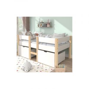 Lit mi-hauteur 90x190cm enfant avec 2 maxi tiroirs - Blanc/Bois - Sommier inclus Merax