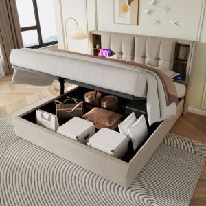 Lit coffre Lit capitonné double 160 x 200 cm avec chargement sans fil usb c, sommier à lattes en bois et lin naturel, sans matelas