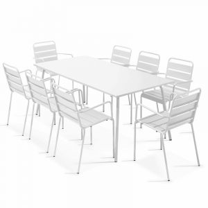 MobEventPro Table de jardin et 8 fauteuils en m&eacute;tal Palavas - Blanc - Blanc