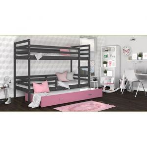 Image de LIT SUPERPOSE 3 PLACES MILO 90x190 GRIS ROSE Livré avec tiroir, 3 sommiers et 3 matelas en mousse de 7cm OFFERTS