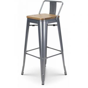 Kosmi Tabouret de Bar Style Industriel en m&eacute;tal Silver avec Dossier et Assise Bois Clair - Hauteur 76 cm