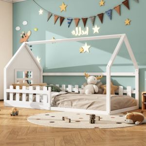 Modernluxe - Lit cabane pour enfant 90x200 cm - en forme de maison - en bois de pin et mdf - Blanc