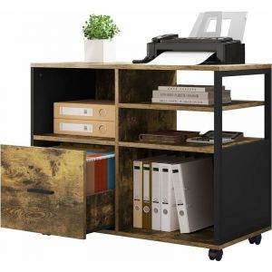 Caisson Bureau 80x40x65cm. Meuble Rangement Bureau Mobile avec 1 Tiroir et 4 Compartiments Ouverts. Rangement Bureau sur roulettes. Noir et Marron