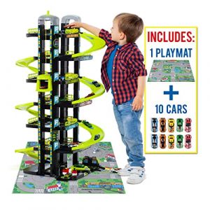 Parking à jouets 7 étages Vert + 10 voitures + Tapis de jeu