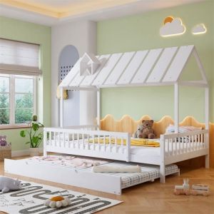 Lit cabane 120x200cm avec lit gigogne 120x190cm, lit enfant avec sommier à lattes, toit avec bande de cheminée, pin + MDF, blanc