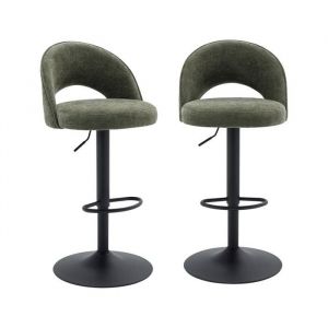 Lot de deux tabourets de bar ajustables métal et tissu kaki. pied noir - L 49 x P 49 x H 88.5-110cm - Abby