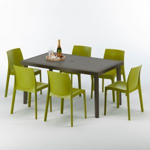 Image de Grand Soleil Table rectangulaire 6 chaises Poly rotin resine 150x90 marron | Rome Anis vert