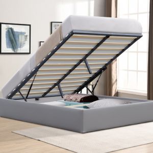 Lit coffre 140x190 avec pieds et matelas - 12 lattes - montage rapide - rev&ecirc;tement PVC simili - entretien facile - confort optimal - design moderne - espace de rangement - Lit Celia gris