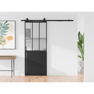 Porte coulissante atelier avec système en applique - Noir et verre trempé - H205 x L93 cm - ARTISTO II