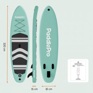 LifeGoods PaddlePro SUP Board - with Seat - Inflatable Paddle Board - Complete Set - Max. 135KG - 320x81cm - Vert pastel