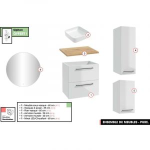 Emsemble complet de salle de bain - Meuble - Armoires - Miroir - Vasque &agrave; poser avec Siphon OFFERT PURE Blanc 60 x 60 x 45 cm