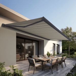 Store banne Coffre int&eacute;gral PROTECT 2 LED Gris Anthracite 5x3,5m Motoris&eacute; &agrave; t&eacute;l&eacute;commande + Eclairage LED - Toile Grise Ray&eacute;e