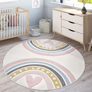 Tapis Enfant Tapis Chambre Enfant Fille Garcon Arc-en-Ciel Pois Coeur 3D, Dimension:160 cm Rond, Couleur:Pink