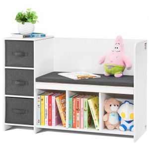 VEVOR Banc de Lecture pour Enfants, Meuble de Rangement avec Coussin de Si&egrave;ge Amovible, Biblioth&egrave;que pour Chambre d&rsquo;Enfants &agrave; 6 Compartiments, 3 Tiroirs, pour Salle de Jeux, Salon Entr&eacute;e, Blanc