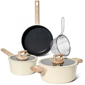 Batterie De Cuisine 6 Pi&egrave;ces &Agrave; Rev&ecirc;tement Marbr&eacute; Avec Couvercles Tous Feux Dont Induction Beige Just Perfecto Jl-331
