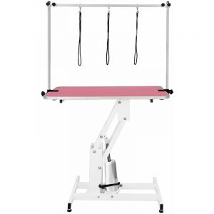 Monster shop Table Toilettage Hydraulique - Cadre Acier Blanc Robuste & Plateau Antidérapant Rose 106 x 61cm - Hauteur 55 à 100cm - Capacité 180 kg - Toilettage Chien Animaux Professionnel.[3 Sangles INCLUSES]
