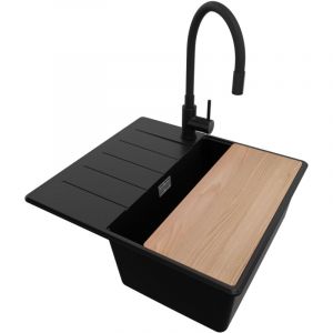 Primagran - Evier Sous Plan Noir 55x50cm, Evier en Granit 1 bac + Kit de Vidage + Robinet + Planche à Découper, Évier au meuble 40cm - Top de