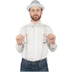 Ptit Clown 1 Set de 3 accessoires Disco/année 80: chapeau, bretelles et noeud papillon en sequins argentés REF/66680