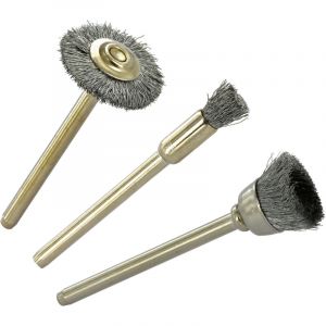 Tivoly Lot de 3 Brosses Acier Multi-Formes - Pinceau (Ø5mm), Coupe (Ø12mm), Circulaire (Ø19mm) - Brossage des Métaux Durs - Attache : Queue Cylindrique Ø3,2mm - Pour DREMEL/PROXXON