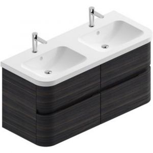 Image de Cooke & Lewis Meuble sous vasque à suspendre Voluto aspect noyer foncé 120 cm + plan double vasque en résine blanc