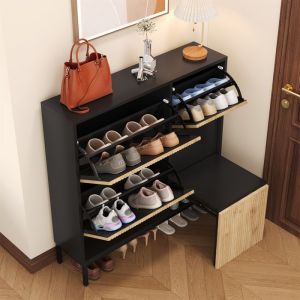 Meuble &agrave; chaussures 100x25x100cm - Avec banc pliable - 3 portes abattantes - Noir + Naturel
