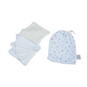 Bébé Douceur, Set de 5 Débarbouillettes Gaze de Coton et Eponge 11 x 11 cm avec Pochon Blanc