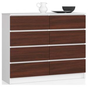 Commode AKORD K120 Blanche 120 cm 8 tiroirs façade Wengé 120x40x99 cm