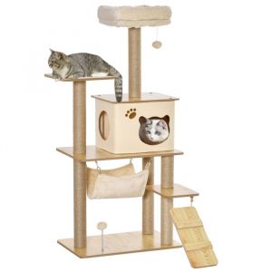 Pawhut Arbre à chat - 130H cm - platesformes niche lit hamac échelle et 2 balles en peluche griffoirs en jute - jaune