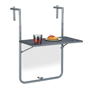 Relaxdays Table de balcon suspendue rabattable, HxL: 59,5x60 cm, hauteur 3 niveaux 2 porte-boissons, rectangulaire, gris