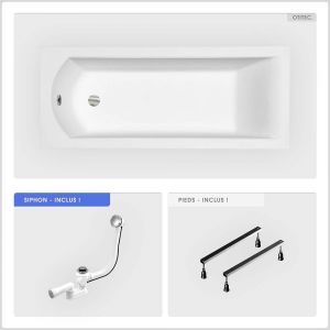 Baignoire rectangulaire - 180 x 80 cm - sans Habillage - avec Pieds - Vidage Chrome - SHEA