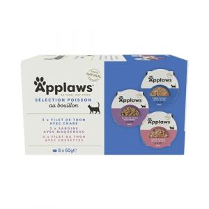 Applaws Pplaws Nourriture Humide pour Chats 100% Naturelle de qualit&eacute; Premium, Assortiment de Poisson vari&eacute; d&eacute;licieux en Bouillon pour Chats Adultes - Lot de 8 Pots de 60 g * 4 boites