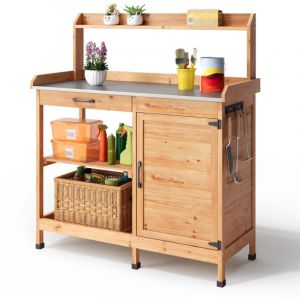 Bealife - Table de Rempotage Placard de Rangement Extérieur Bois Sapin Table Jardinage Plateau Métal 3 Crochets 1 Porte 1 Tiroir