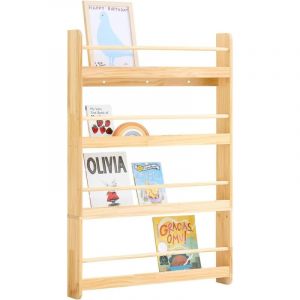 Image de Sobuy Biblioth&egrave;que Murale Enfants &Eacute;tag&egrave;re &agrave; Livres avec 4 &Eacute;tages, Rangement S&eacute;curis&eacute; pour Chambre et Salle de Jeux Bois Naturel, L60xP12xH80cm