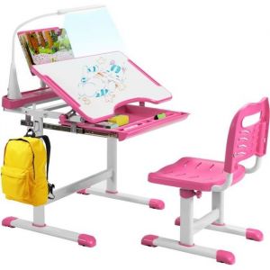 Giantex Bureau Enfants avec Chaise, R&eacute;glable en Hauteur, Plateau Inclinable, Rose