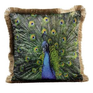 Kare Design Coussin Peacock - Multicolore - 45 x 45 cm - Housse Amovible avec Fermeture &eacute;clair - Motif Paon - avec Bords &agrave; Franges - Coussin d&eacute;coratif avec Rembourrage - Coussin d&eacute;coratif pour canap&eacute;