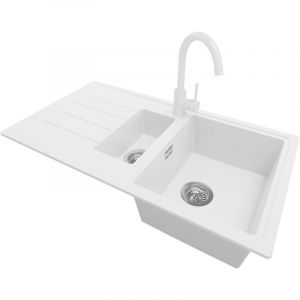 Primagran - Evier Cuisine en Granit 90x50cm, Lavabo 1,5 bacs + Robinet 32x20cm + Kit de Vidage, &Eacute;vier &agrave; Encastrer au meuble 60cm - Copenhague Duo,