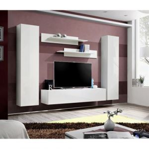 Image de Meuble TV FLY A1 design, coloris blanc brillant. Meuble suspendu moderne et tendance pour votre salon.