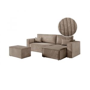 Loungitude PACK - CLARISSE - Canapé d'angle convertible réversible avec pouf en velours côtelé - Taupe