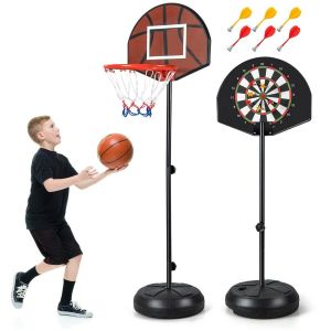 Coast 2-in-1 Poteau de basket r&eacute;glable avec cible de fl&eacute;chettes - Noir - Hauteur 130-180 cm - Pour les enfants &agrave; partir de 8 ans