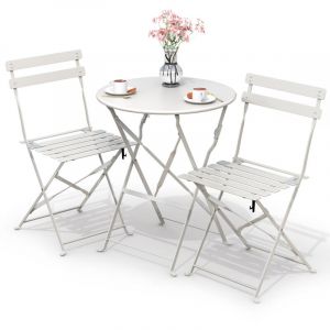 Vounot Set de Bistro Ensemble de Mobilier d'Extérieur de 3 pièces avec Table et 2 Chaises Pliantes en Acier pour Balcon Terrasse et Jardin Blanc